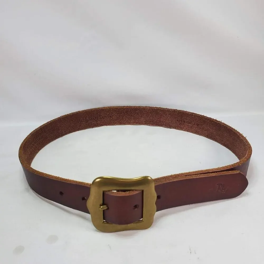 Polo Ralph Lauren Leather Belt western 28 Brown Scalloped Brass Buckle RL Logo
